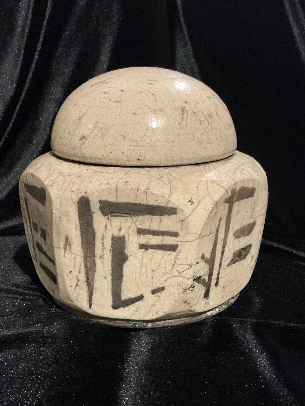 Handcrafted Ceramic Lidded Jar in Cream with Black Brushstroke Design